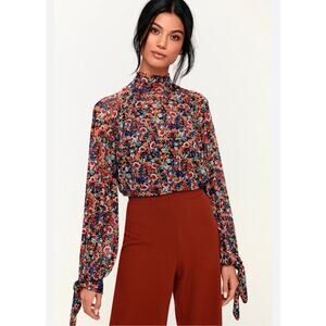 Free People All Dolled Up Black Floral Print Mesh Long Sleeve Crop Top S